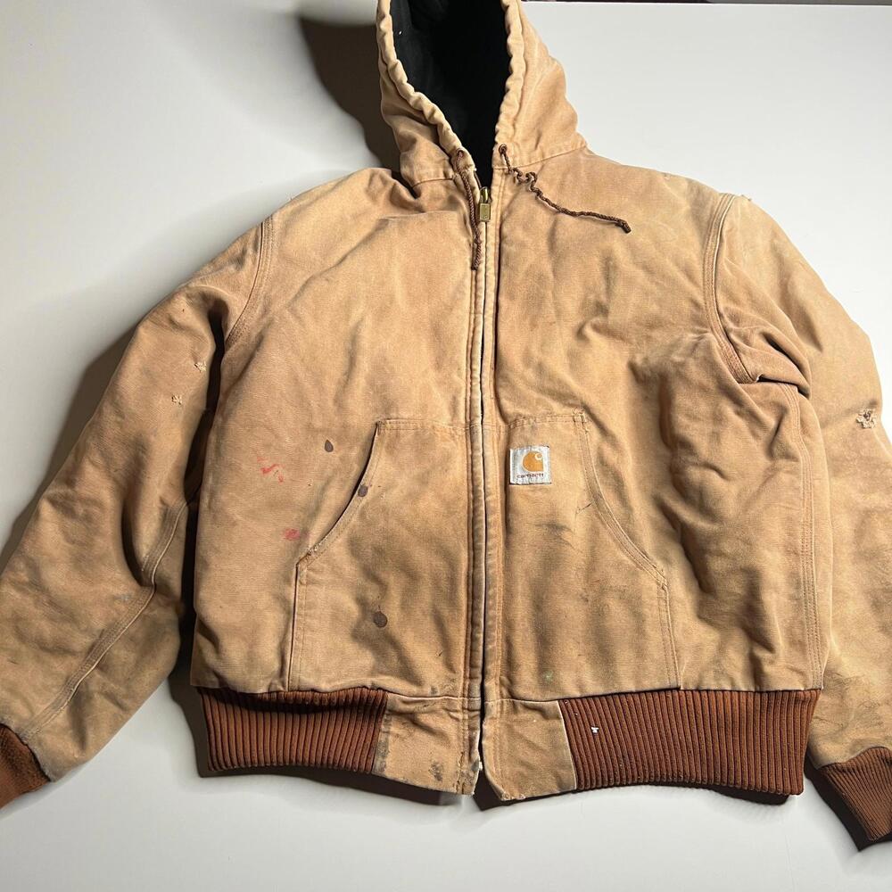 Vintage Carhartt Hooded‎ Jacket Tan Duck Canvas Paint Splatter Distressed